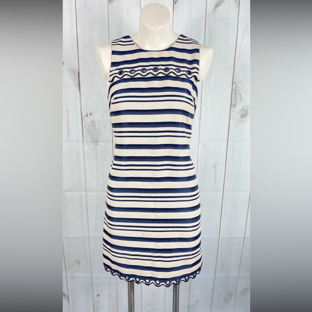 J.Crew Beige Navy Blue Striped Scalloped Trim Grommet Sleeveless Sheath Dress 4
